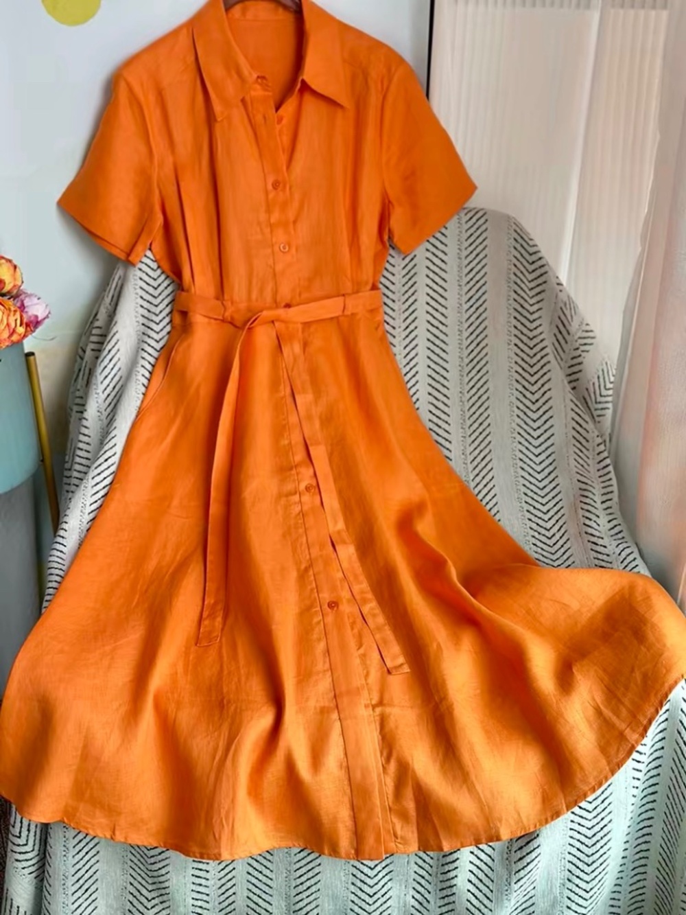 Orange Linen Belted Shirt Dress US 2